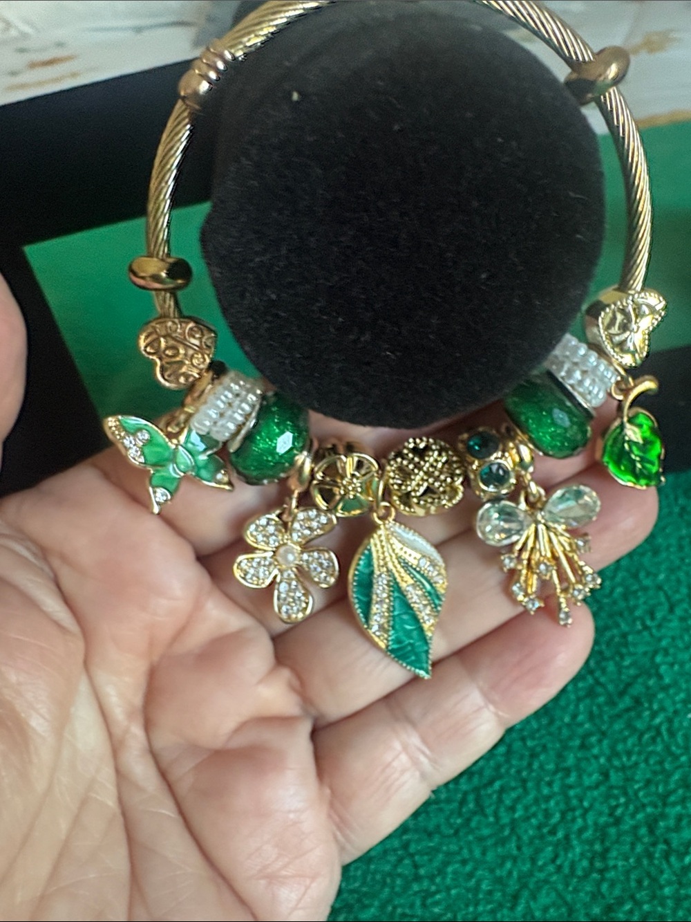 Gold-Tone Green Multi-Charm Bracelet with Leaf & Floral Accents